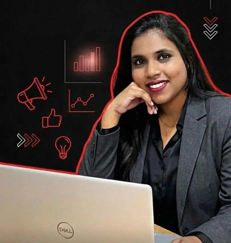 Professional digital marketing strategist working on a laptop with creative marketing icons and analytics graphics in the background.