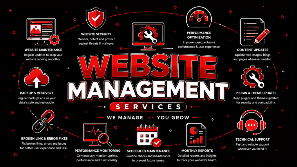 Website Management Services with website maintenance, security monitoring, performance optimization, backups, and technical support.